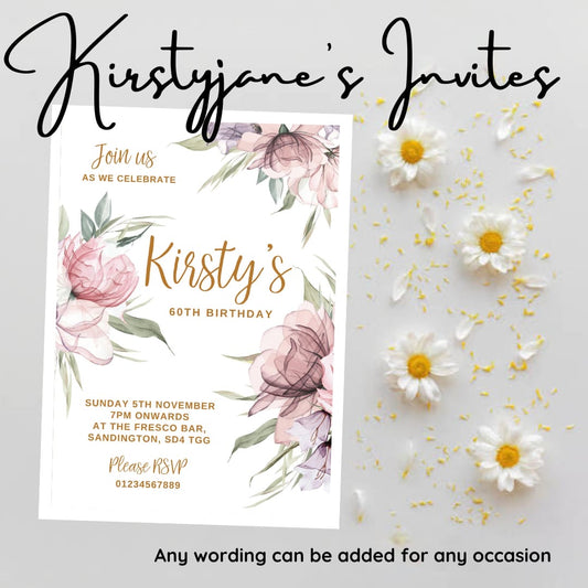 Personalised Adults floral party birthday invitations