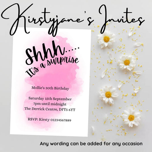 Personalised surprise pink birthday invitations
