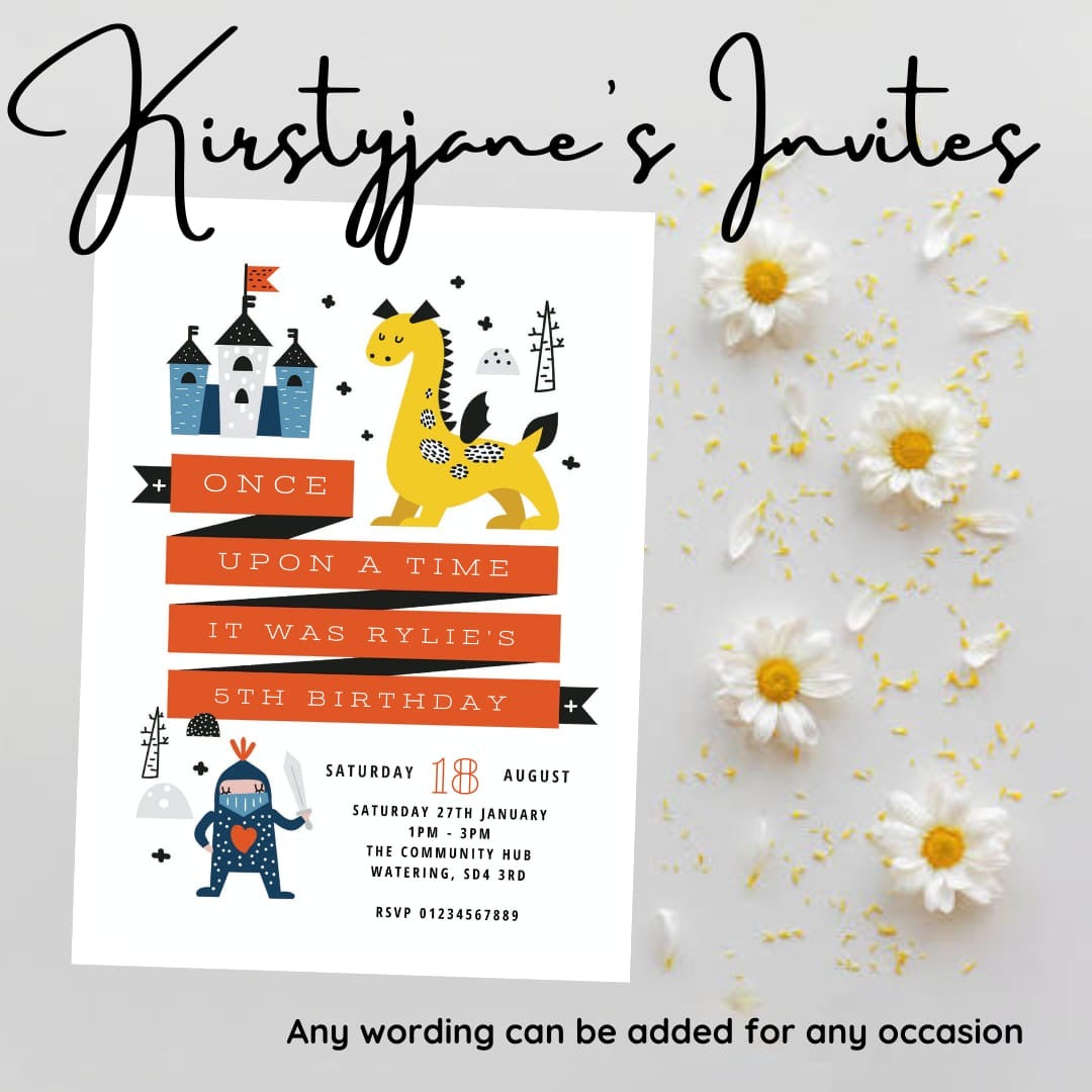 Personalised boys castle dragon knights party birthday invitations
