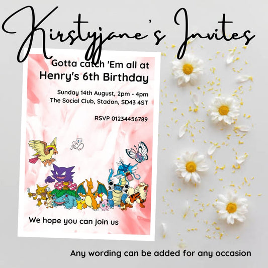Personalised Pokemon kids  birthday invitations
