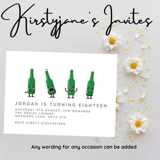 Personalised green bottles adult birthday party invitations