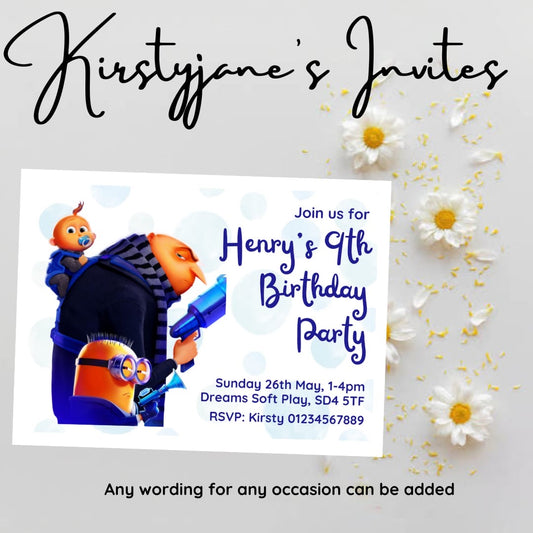 Personalised kids Gru minion  birthday party invitations