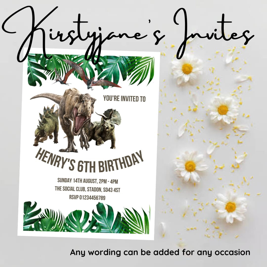 Personalised dinosaur  kids birthday invitations