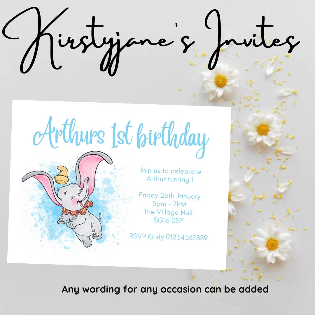 Personalised Dumbo child’s blue boys birthday party invitations