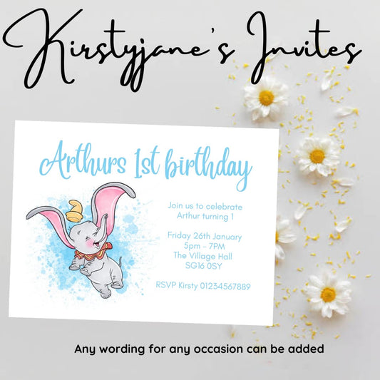 Personalised Dumbo child’s blue boys birthday party invitations