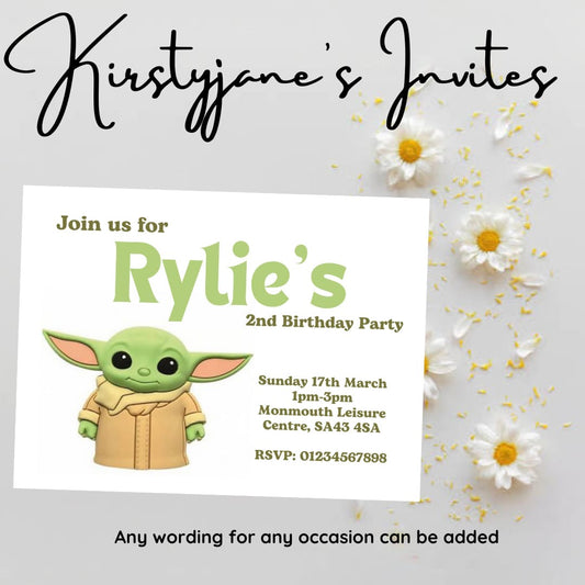 Personalised baby Yoda birthday invitations