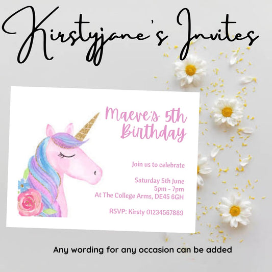 Personalised Unicorn girls party invitations