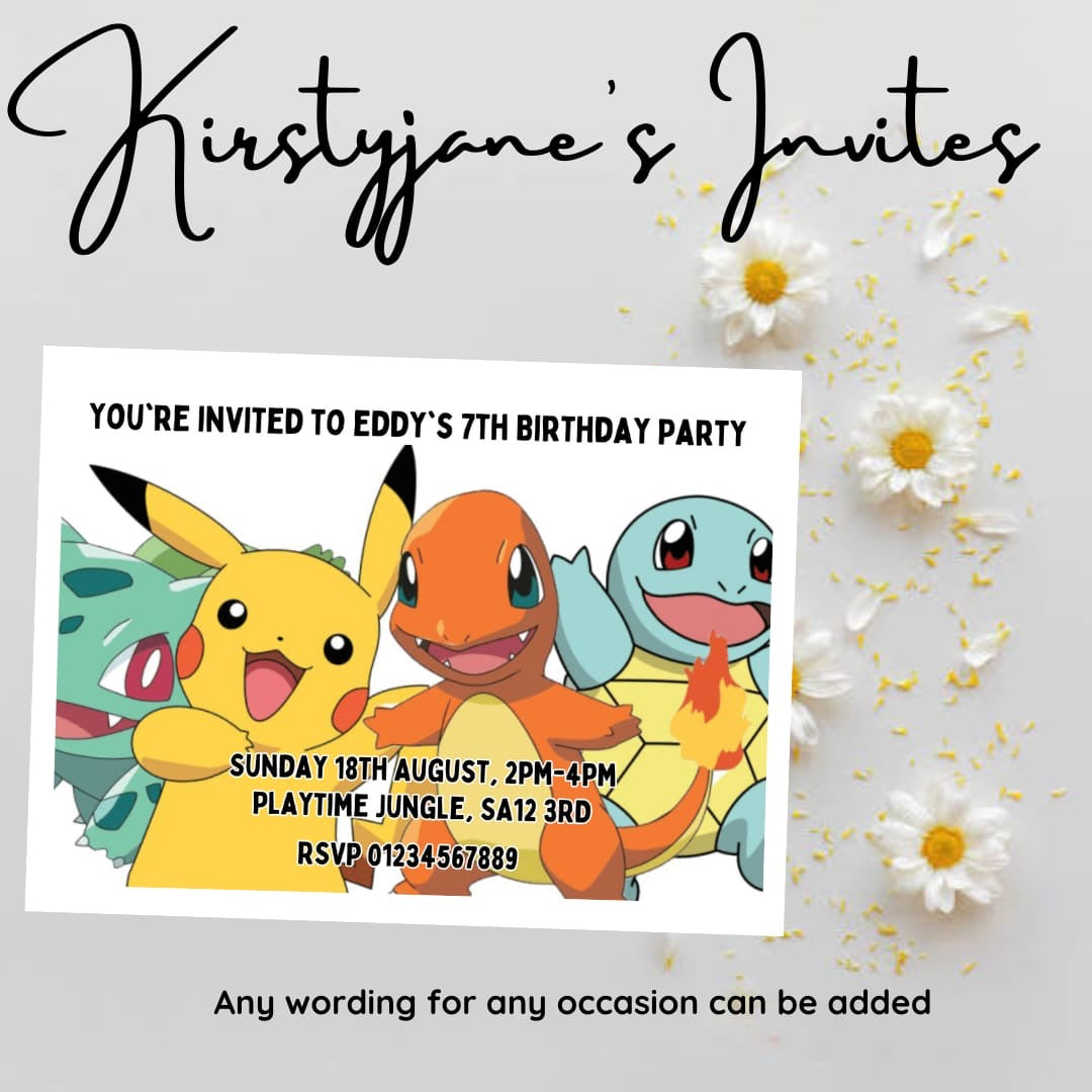 Personalised kids Pokémon   birthday party invitations