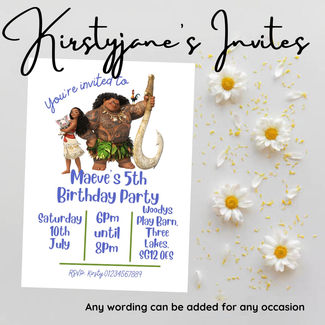 Personalised kids moana birthday party invitations