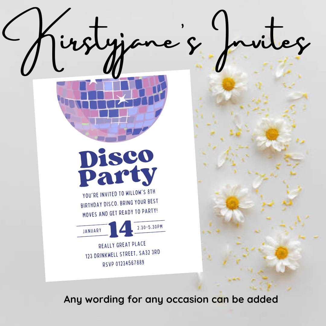 Personalised kids disco  birthday party invitations