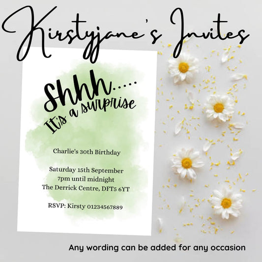 Personalised surprise green birthday invitations