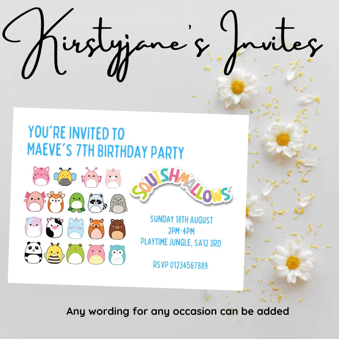 Personalised kids squishmallows birthday party invitations