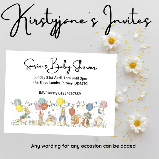 Personalised Peter rabbit babyshower party invitations