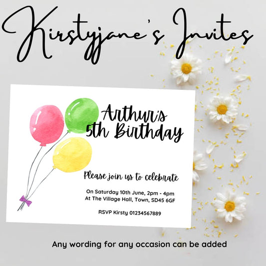 Personalised balloons party birthday invitations