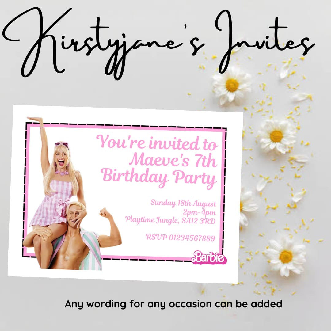 Personalised kids Barbie and Ken birthday party invitations