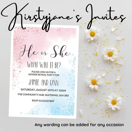 Personalised baby gender reveal party birthday invitations