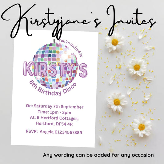 Personalised kids adults disco birthday party invitations