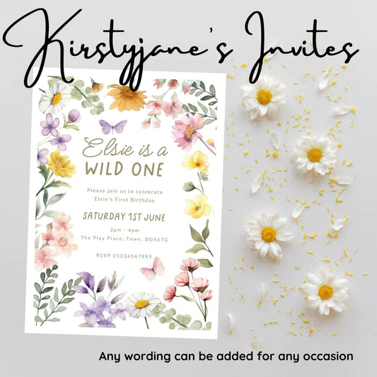 Personalised kids floral first   birthday party invitations