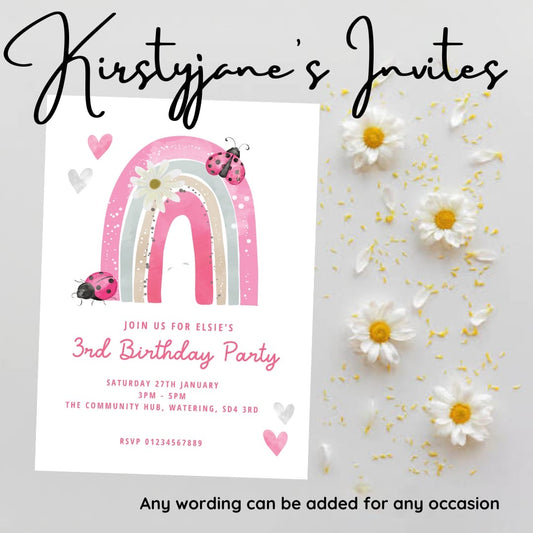 Personalised rainbow girls party birthday invitations
