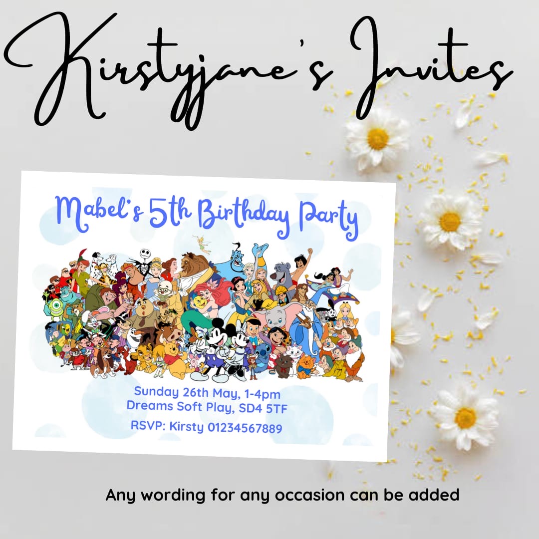 Personalised kids Disney characters birthday party invitations