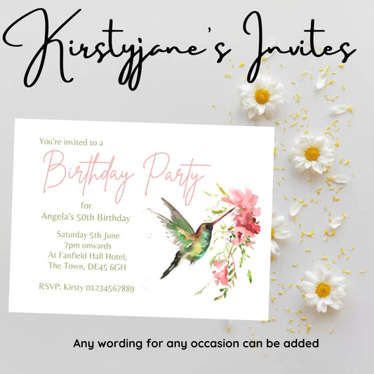 Personalised Adults hummingbird party birthday invitations