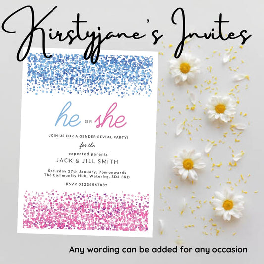 Personalised baby gender reveal party birthday invitations