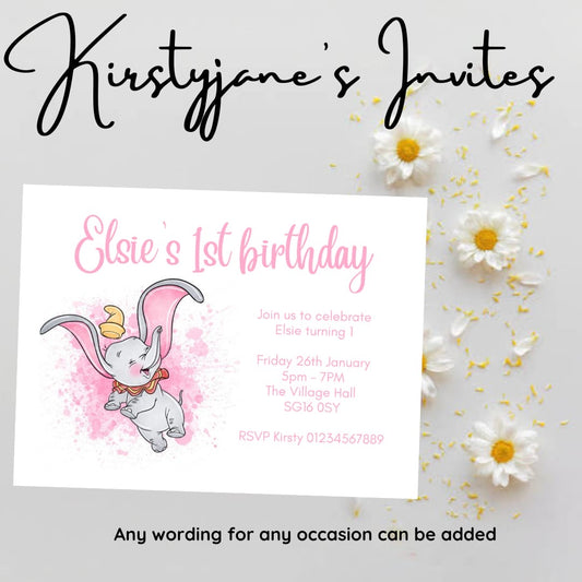Personalised Dumbo child’s  girls pink birthday party invitations