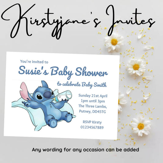 Personalised Stitch baby shower party invitations