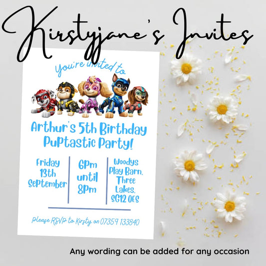 Personalised Paw patrol child’s boys blue birthday party invitations
