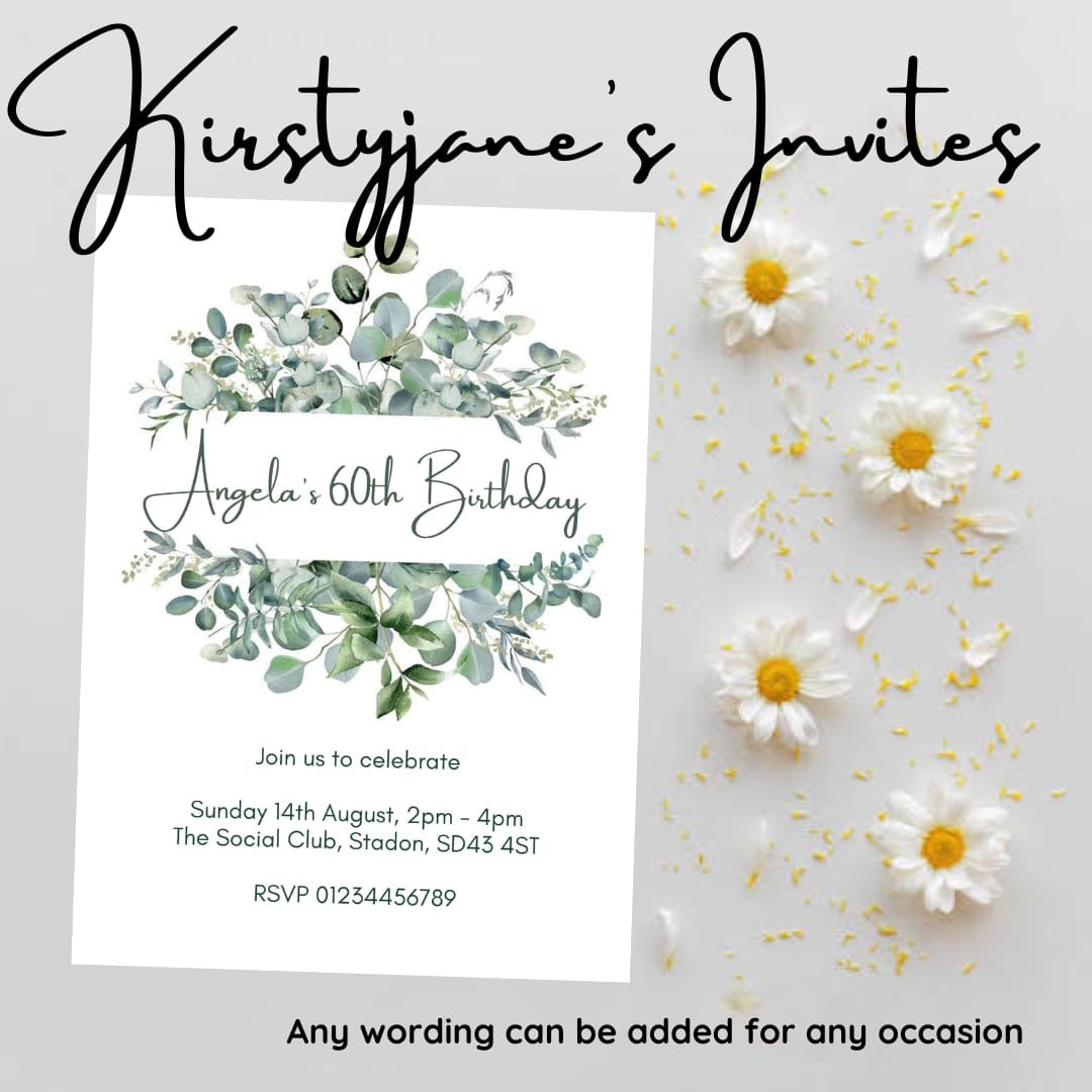 Personalised adults birthday   Eucalyptus invitations