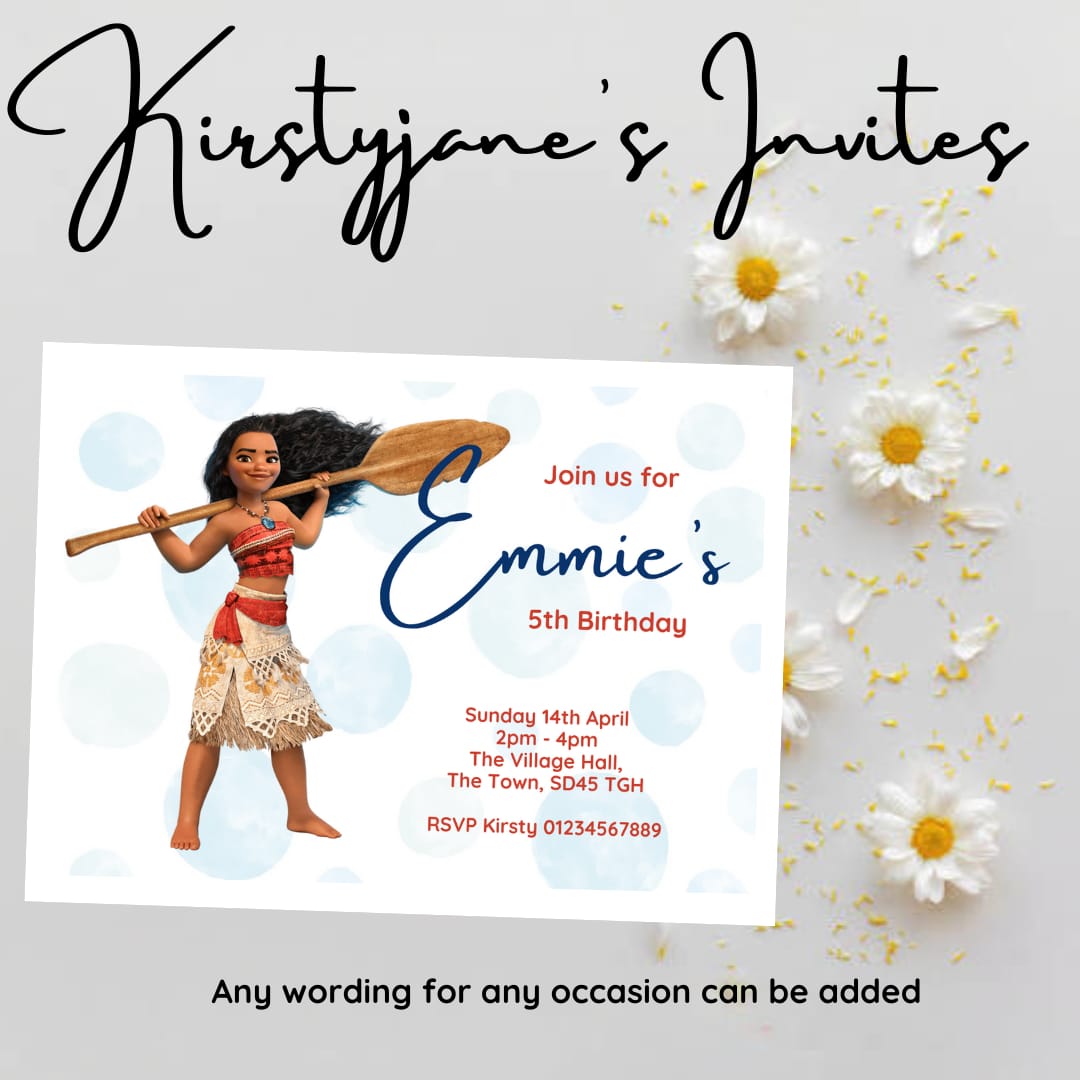Personalised kids moana birthday party invitations
