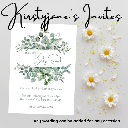Personalised baby shower  Eucalyptus invitations