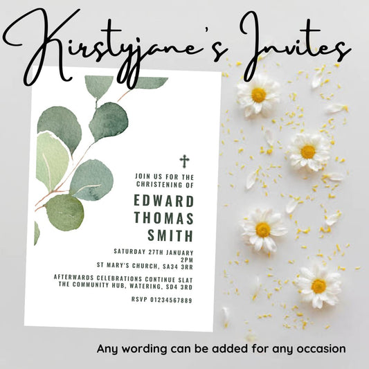 Personalised eucalyptus Christening Baptism invitations