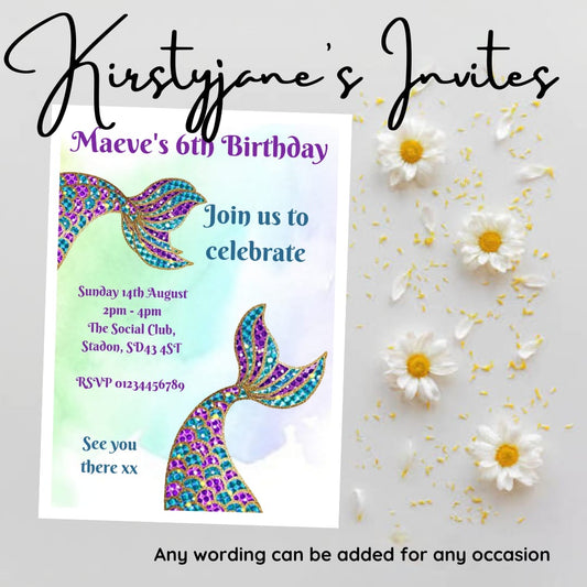 Personalised girls mermaids birthday invitations