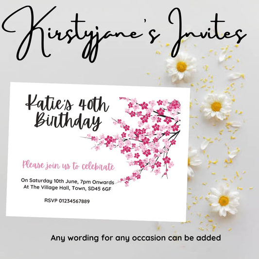 Personalised pink blossom  party birthday invitations