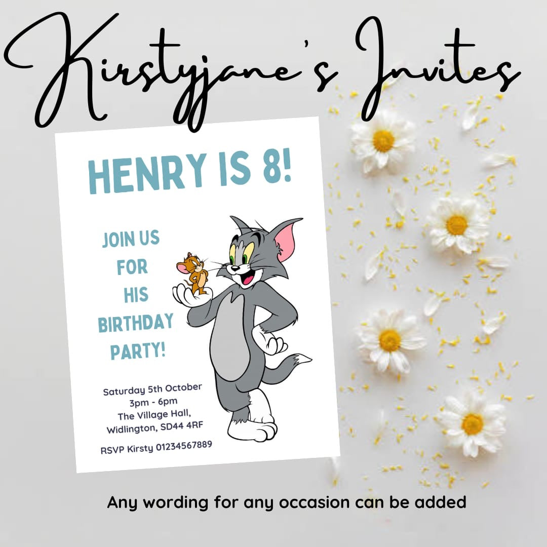 Personalised kids Tom and Jerry birthday party invitations