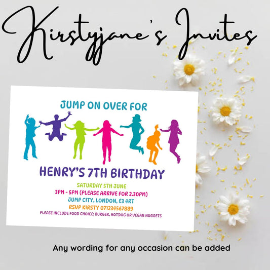 Personalised Trampoline party birthday invitations