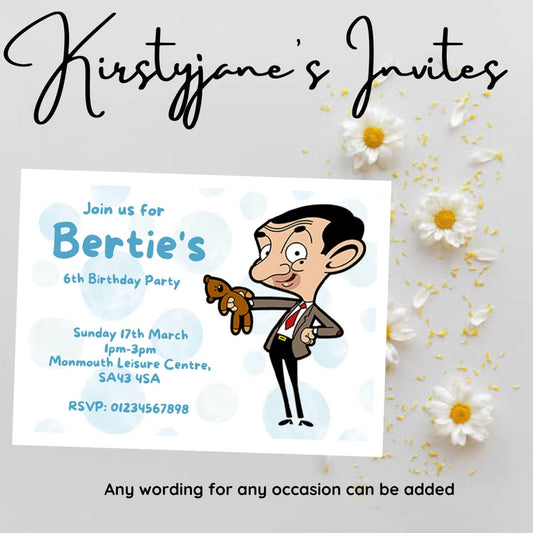 Personalised girls Mr Bean birthday invitations