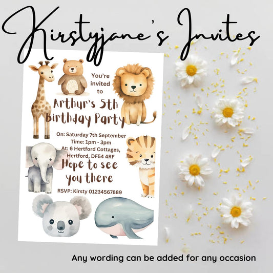 Personalised child animals  baby shower birthday party invitations