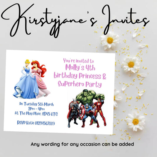 Personalised princess & superheroes party birthday invitations