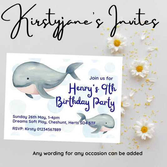 Personalised kids Whale  birthday party invitations