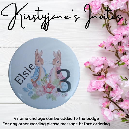 Personalised Peter Rabbit & Flopsy Bunny Birthday badge