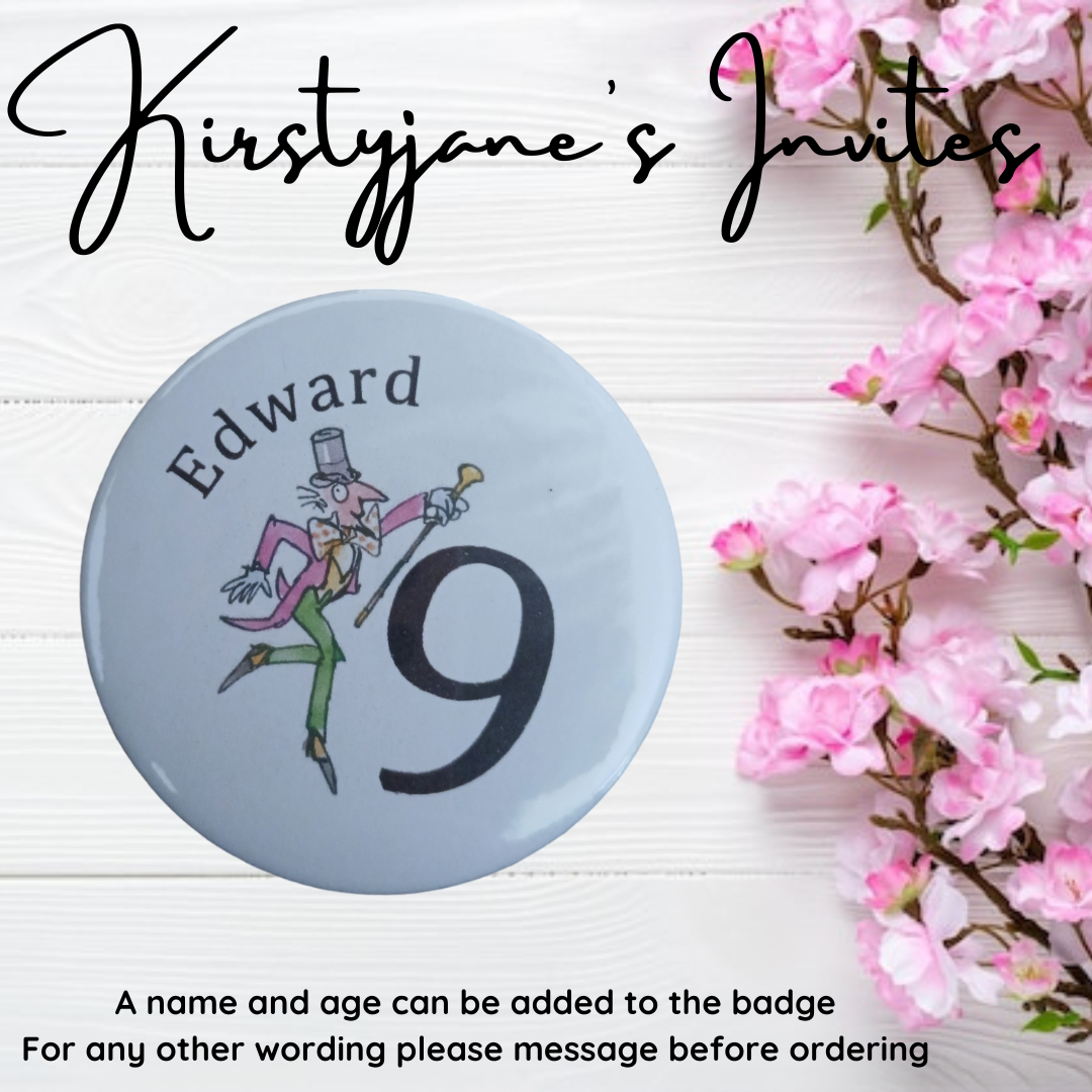 Personalised Roald Dahl Willy Wonka Birthday badge