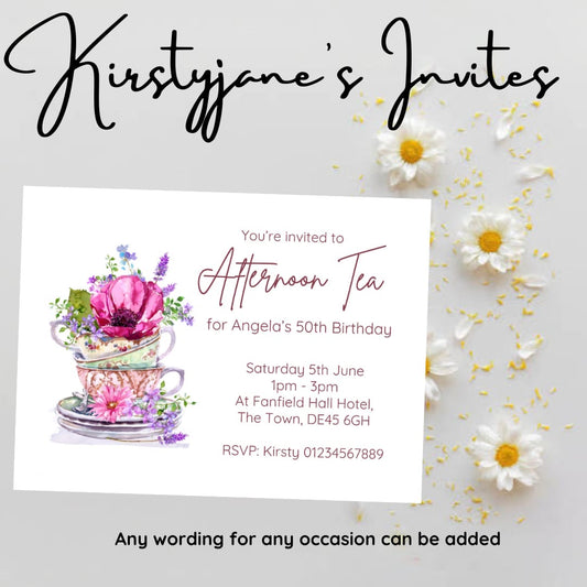 Personalised Afternoon tea Womens ladies party birthday invitations