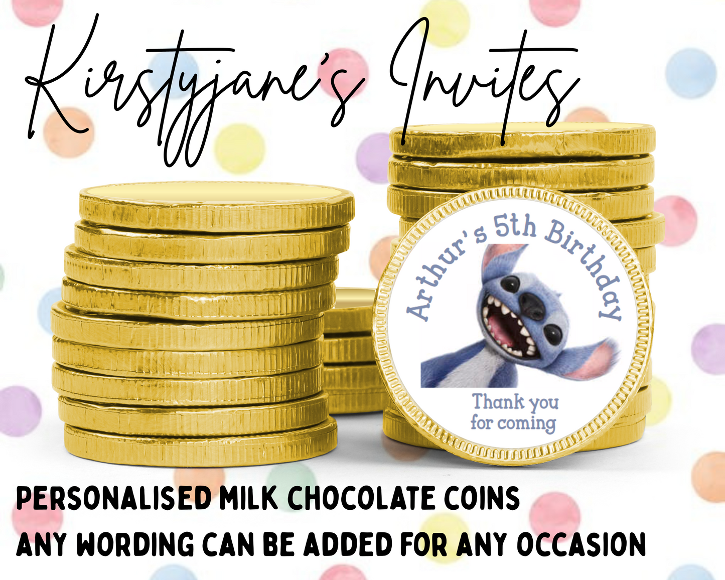 Personalised chocolate coins favours birthday party kids Boys girls disney stitch