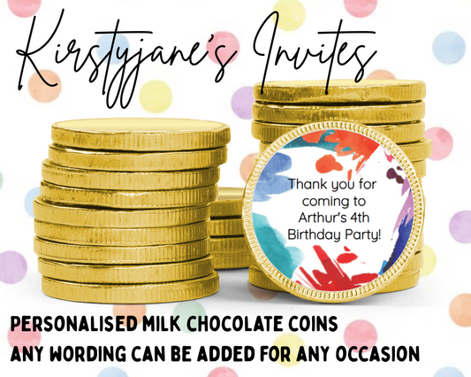 Personalised chocolate coins favours birthday party kids Boys girls messy art arty