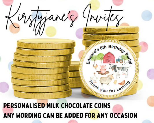 Personalised chocolate coins favours birthday party kids Boys girls farm farmyard cow pig sheep