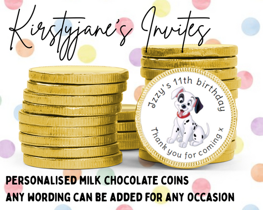 Personalised chocolate coins favours birthday party kids Boys girls 101 dalmatians disney