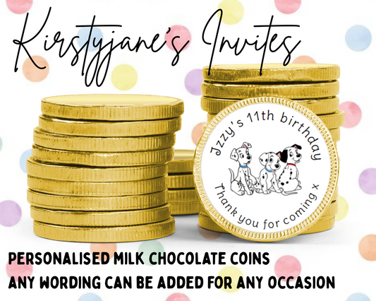 Personalised chocolate coins favours birthday party kids Boys girls 101 dalmatians disney