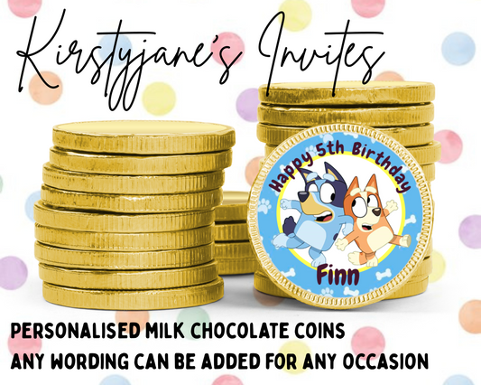 Personalised chocolate coins favours birthday party kids Boys girls bluey bingo